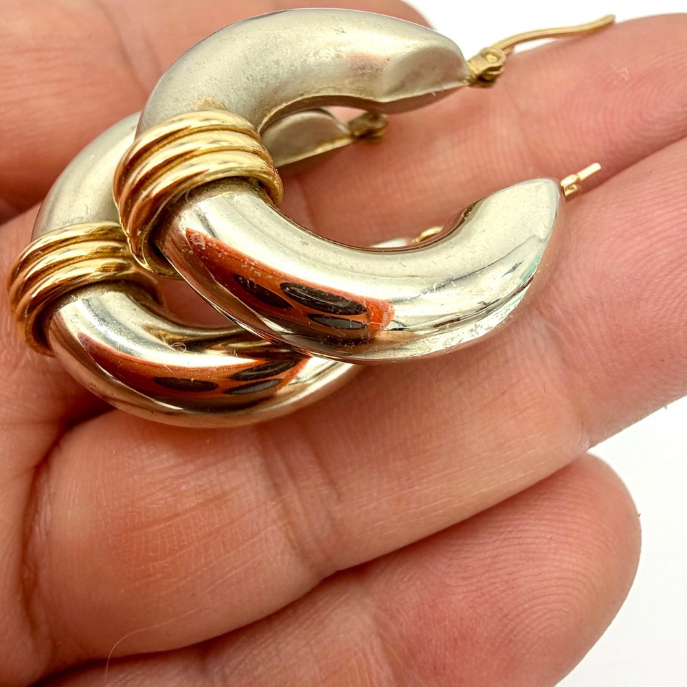 Womens Hoop Earrings 1.15" 14K Two-Tone Gold Chunky Tube White/Yellow Ribbed - Picture 9 of 16